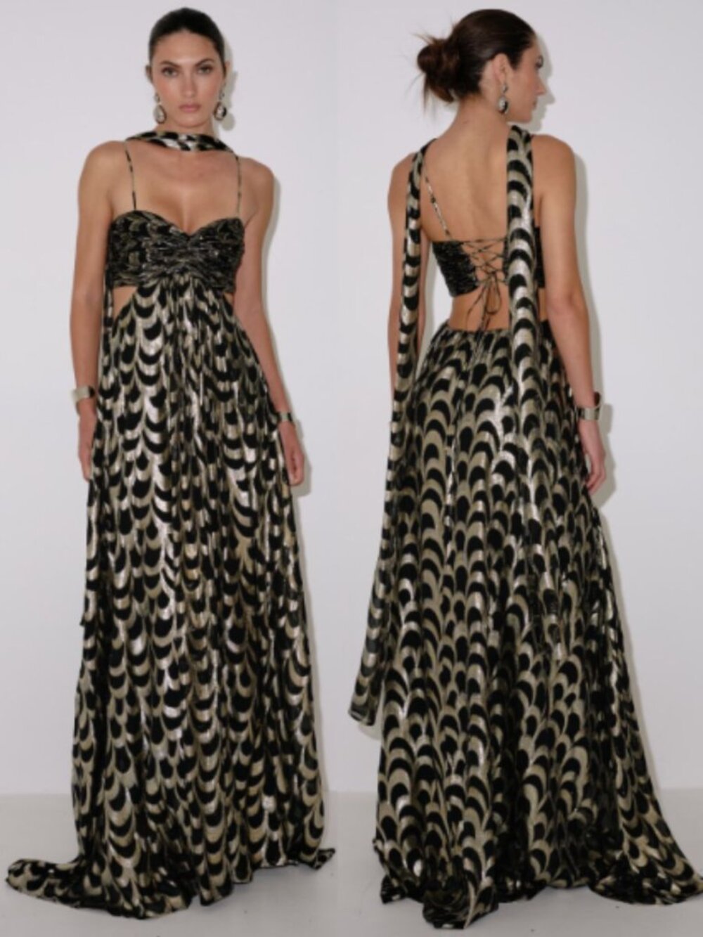 Delfi Collective Adele Maxi Dress Sweetheart Black Gold Scarf Cut Out NWT Size S